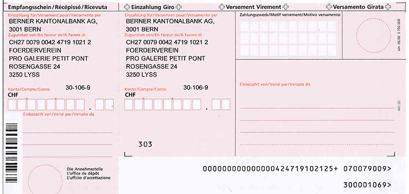 Einzahlungsschein Förderverein Gallery Petit Pont